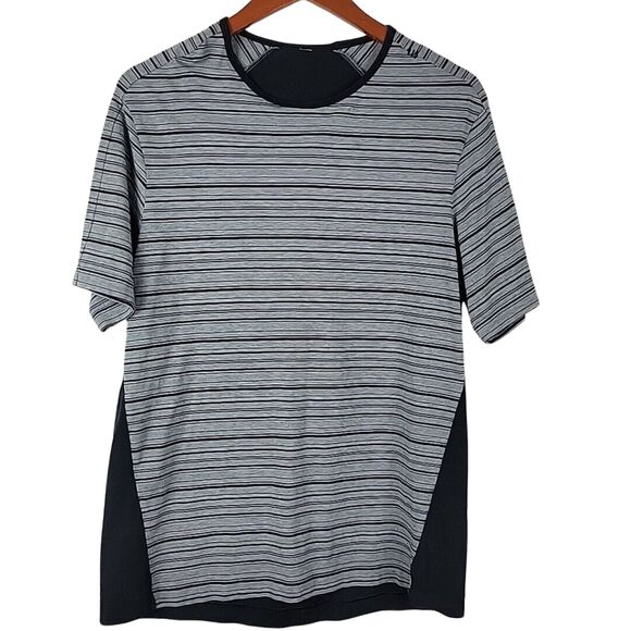 Lululemon Precision Tee Mens Small Gray Black Striped Vented Running Athletic - Picture 1 of 10